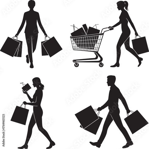 People shopping with bags and cart silhouettes for retail and commerce illustration line art premium quality