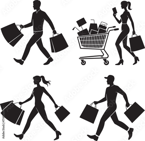 Dynamic shopping silhouettes of people carrying bags and pushing cart illustration line art royalty free