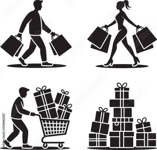 People shopping with bags and gifts enjoying consumerism and retail therapy illustration line art royalty free premium quality