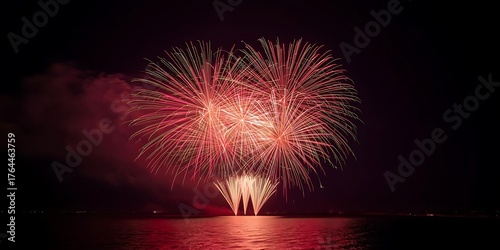 Red and Gold Fireworks Reflecting Over Dark Water at Night