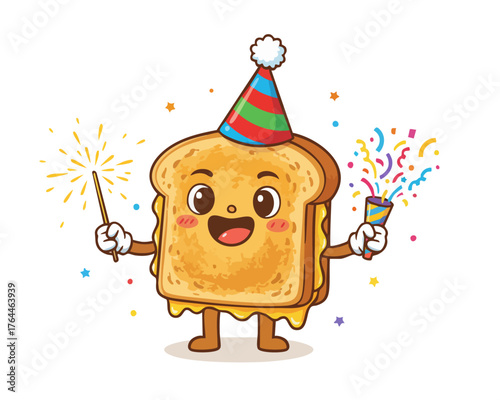 Grilled cute cheese sandwich cartoon character. Holidays food party, toast vector mascot. Happy, fun snack, crust toasted bread drawing. Festive celebrating sandwich party