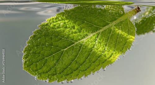 Fresh Green Mint Leaf Floating in Water with Dew Drops in Natural Light