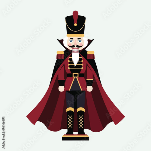 A classic Christmas nutcracker soldier character in a red uniform and flowing cape.