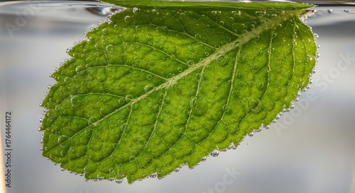 Fresh Green Mint Leaf Floating in Water with Bubbles on Transparent Surface