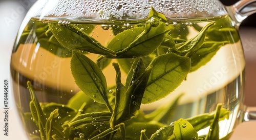 Herbal Tea in Glass Pot Green Tea Leaves Fresh Natural Bright