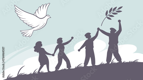 Unity and Peace: A symbolic representation of unity and peace, featuring people reaching towards a dove and olive branch. Expressing hope and harmony