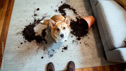 A guilty Corgi dog sits in a mess of spilled soil from a plant pot. Naughty pet looking up at its owner. Funny animal mischief and domestic trouble concept