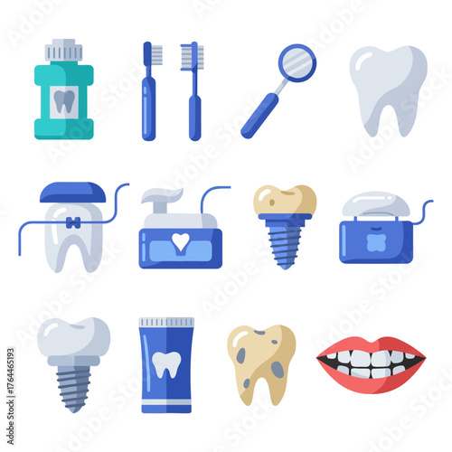 Dental care icons: mouthwash, toothbrushes, dental mirror, tooth, floss, implant, toothpaste, mouth.