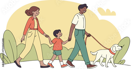 Family Walk: A heartwarming scene unfolds as a family enjoys a leisurely walk, their joy reflected in their shared smiles and the playful presence of their canine companion.