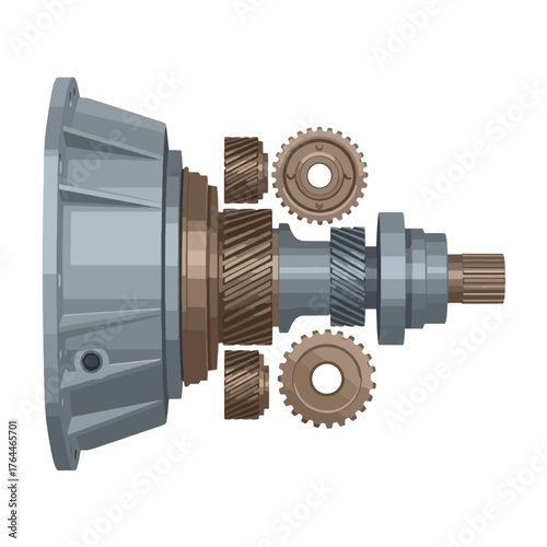 Exploded view of a mechanical gearbox showing various gears and shafts for power transmission.