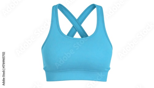 Turquoise sports bra with crisscross straps on white backdrop