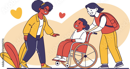 Illustration of Caring: A heartwarming illustration depicts the beauty of support and companionship, illustrating a caring moment with a person in a wheelchair.