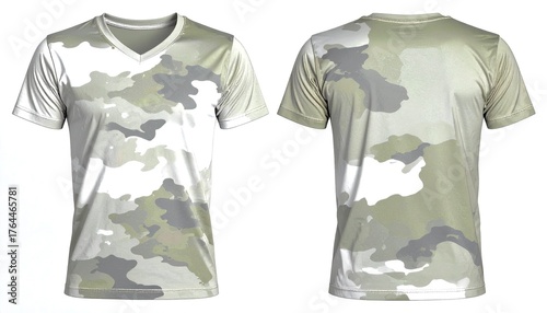 Camouflage t shirt displayed on white background front and back view