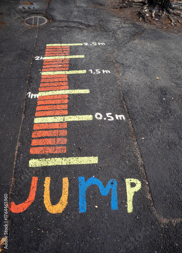 The jump distances scale painted on the school yard