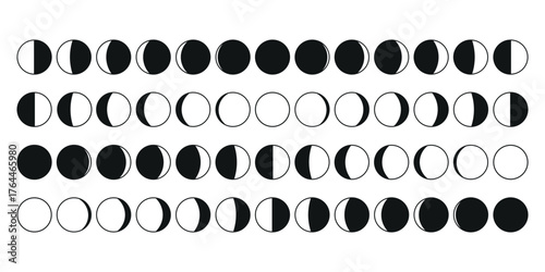 Set of the phases of the Moon. The entire cycle from new moon to full moon. New, Full Moon, Waning Crescent, First and Last Quarter.