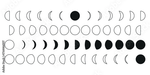 Set of the phases of the Moon. The entire cycle from new moon to full moon. New, Full Moon, Waning Crescent, First and Last Quarter.