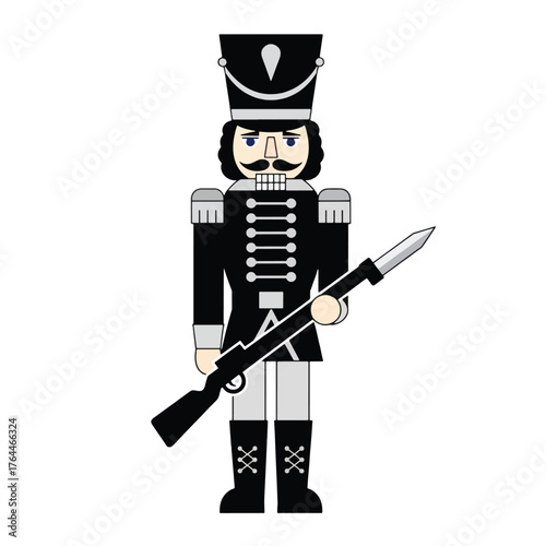 A detailed illustration of a black and white nutcracker soldier holding a rifle.