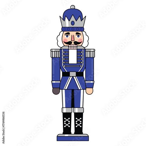 Illustration of a blue nutcracker with a crown and a mustache.