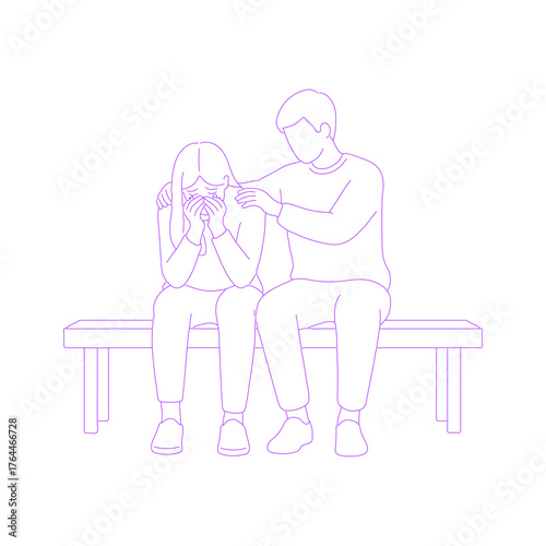 Line art illustration of person comforting someone who is crying