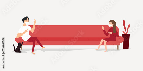 Social distancing element, couple sitting on sofa vector