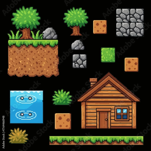 Pixel art game assets: nature, house, water, grass, trees, rocks, and ground tiles for game development.