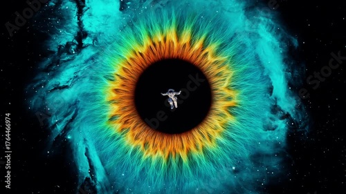 An astronaut is sucked into the center of a nebula shaped like a giant eye. A giant eye-shaped nebula with an astronaut falling into a black hole. 4K video animation.
