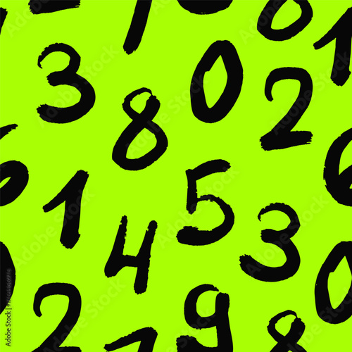 Seamless pattern with hand drawn black numbers on neon green background vector