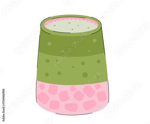Matcha strawberry latte in transparent glass, layered pink and green drink, flat vector illustration