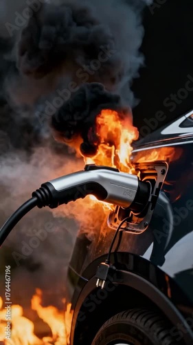 An electric car on fire while charging. Close-up of an EV battery explosion and flames at the charging port. Concept of electric vehicle danger, risk, and safety issues