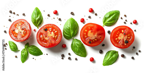sliced tomatoes with basil and black pepper on a transparent background