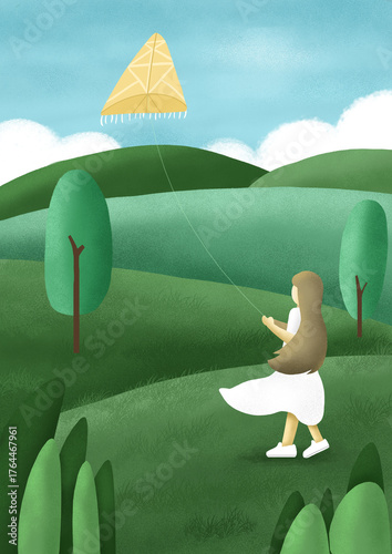 A girl in a white dress is flying a kite on a green hilly landscape under a clear sky with clouds.