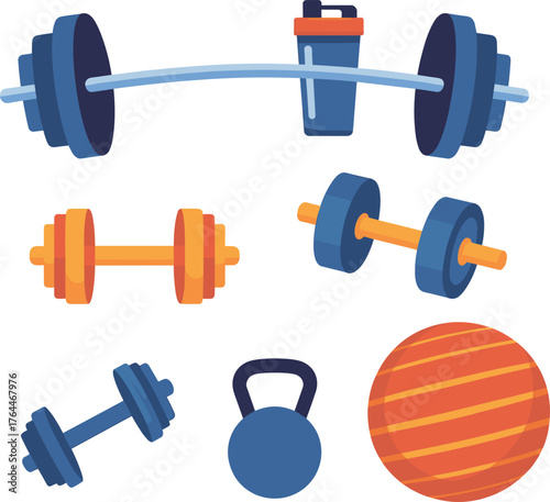 Colorful fitness gym equipment illustration with dumbbells, barbell, kettlebell, exercise ball, and protein shaker for workout and training