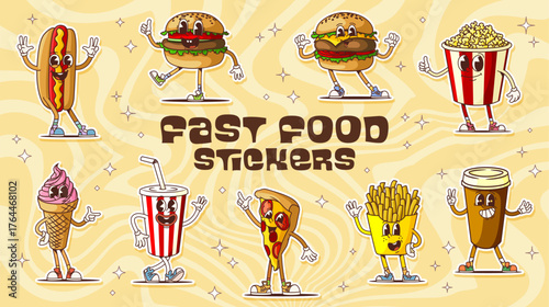 Groovy fast food characters stickers, funny snacks, burgers and sandwiches, cartoon vector. Groovy fast food stickers with funky cheeseburger, popcorn with thumb up, pizza and potato fries with smile