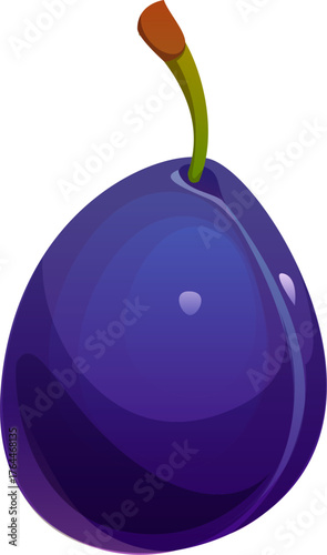 Cartoon raw ripe plum fruit. Isolated vector healthy summer food, sweet and juicy dessert, vegetarian nutrition, fresh garden plant. Bright and glossy damson with deep purple skin and a green stem