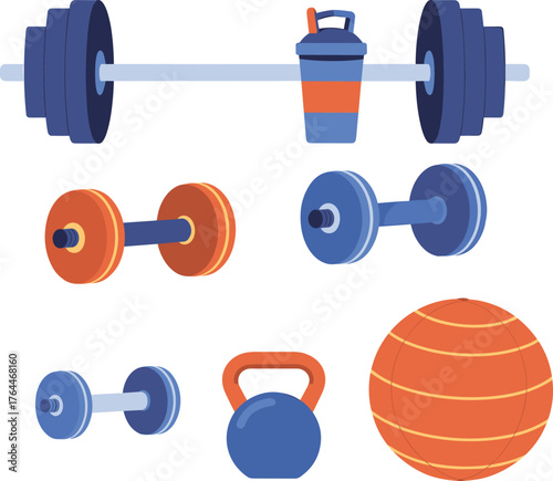 Colorful gym equipment illustration with barbell, dumbbells, kettlebell, fitness ball, and shaker bottle for workout, exercise, and training design