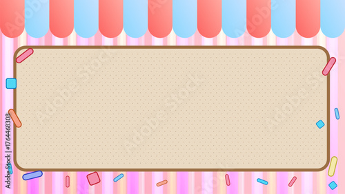 Pink pastel storefront background with striped awning and cute details, digital illustration for shop banner, cafe design, or kids market theme.
