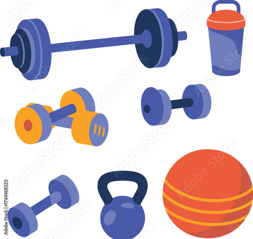 Colorful gym workout equipment illustration, dumbbells, barbell, kettlebell, exercise ball, and shaker bottle, fitness vector design for healthy lifestyle