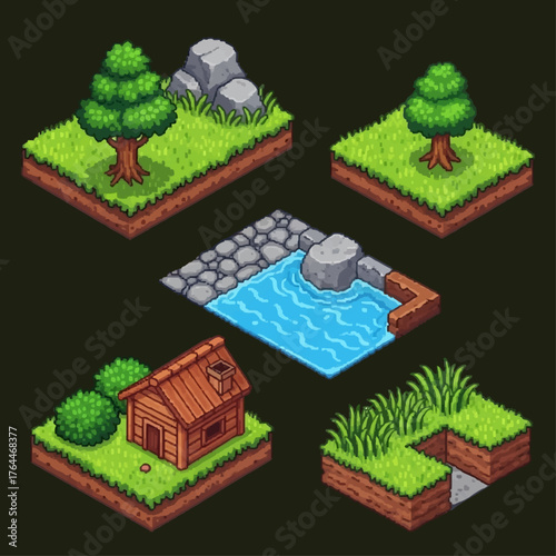 Isometric pixel art game assets: trees, rocks, water, house, grass.