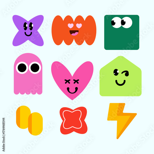 Simple Set Cute cartoon characters with simple geometric shapes and colorful expressions, vector illustration for kids games and educational design.