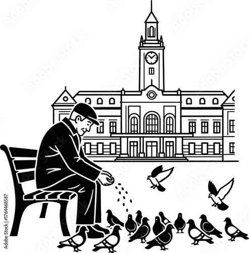 Old man feeding pigeons on a bench in front of a city hall building or clock tower, showing kindness. Monochrome vector illustration