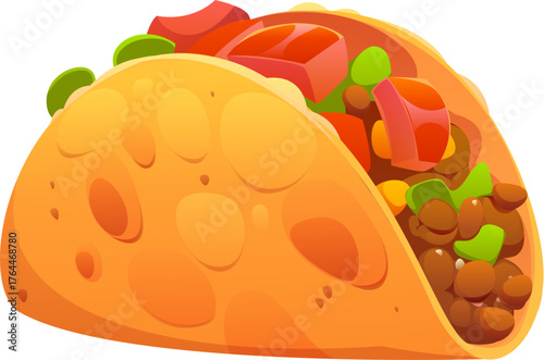 Cartoon tacos Mexican fast food snack. Isolated vector Tex mex fastfood takeaway meal made of corn or wheat tortilla with grilled chicken meat, beans and fresh vegetables like tomatoes and lettuce