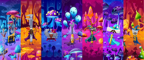 Cartoon construction or repair tools Halloween wizard vector characters. Saw mage, caliper warlock with beard, roller brush sorcerer, axe magician, wrench wizard, hacksaw and spatula enchanter collage