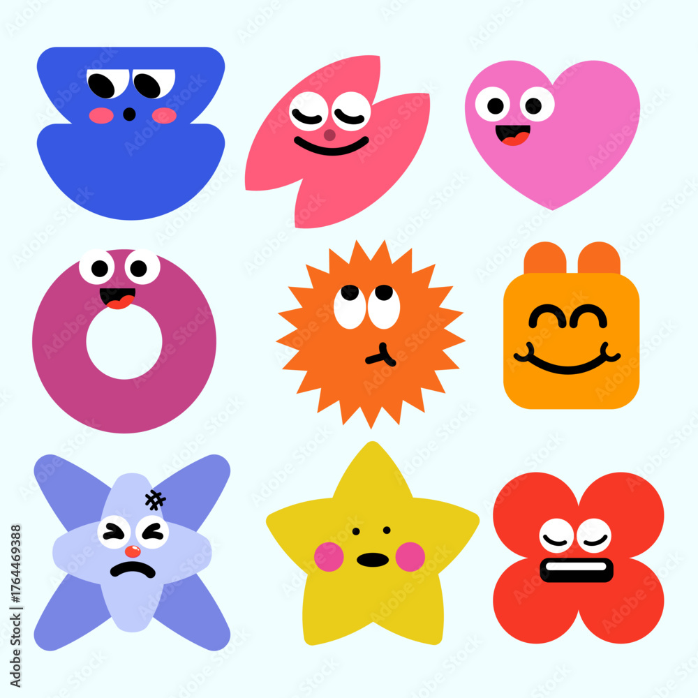 Naklejka premium Adorable cartoon icons featuring animals, stars, hearts, and fruits, colorful for kids sticker packs, games, and learning themes.