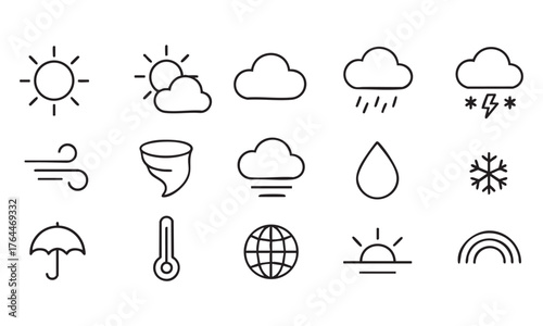 Set of weather web icons in line style. Weather , clouds, sunny day, moon, snowflakes, wind, sun day. Vector illustration.