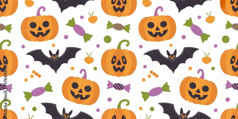 Fototapeta premium Cute Halloween seamless pattern with festive pumpkins, spooky bats, colorful candies, bright background, playful design, seasonal celebration, trick-or-treat, October party, holiday decor.