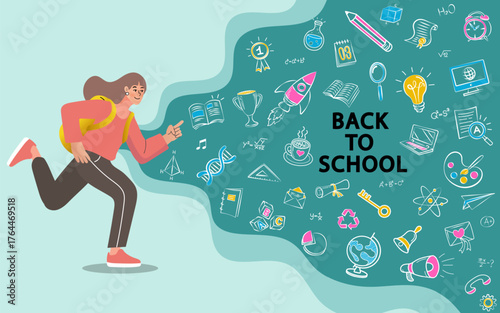 A Back to School banner shows a happy female student with a backpack running into a cloud of education doodle icons. This represents the start of a new school year and the excitement of learning.