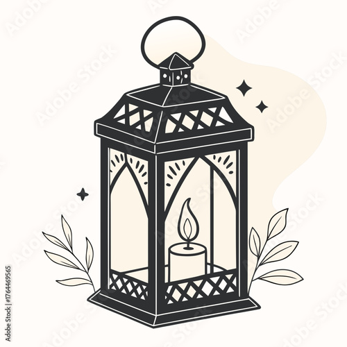 Elegant black line art lantern with a lit candle inside and decorative leaves and stars on a cream background