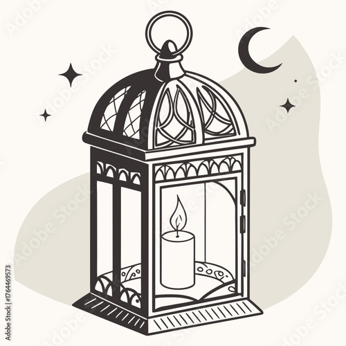 Elegant line art illustration of a vintage lantern with a lit candle inside set against a backdrop of a crescent moon and stars