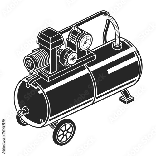 Isometric illustration of a black and white air compressor with gauges and wheels on a white background