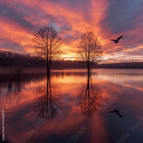 Stunning fiery sunset illuminates tranquil lake with bare trees reflecting dramatically, birds soar.